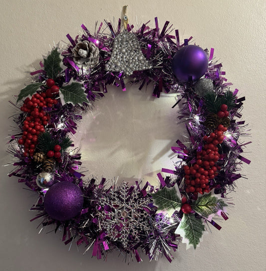 Christmas Wreath Purple and Silver with Lights Decoration for Front Door