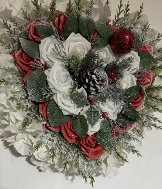 Christmas Heart Memorial Wreath Red White Roses Pinecone Frosted Artificial
