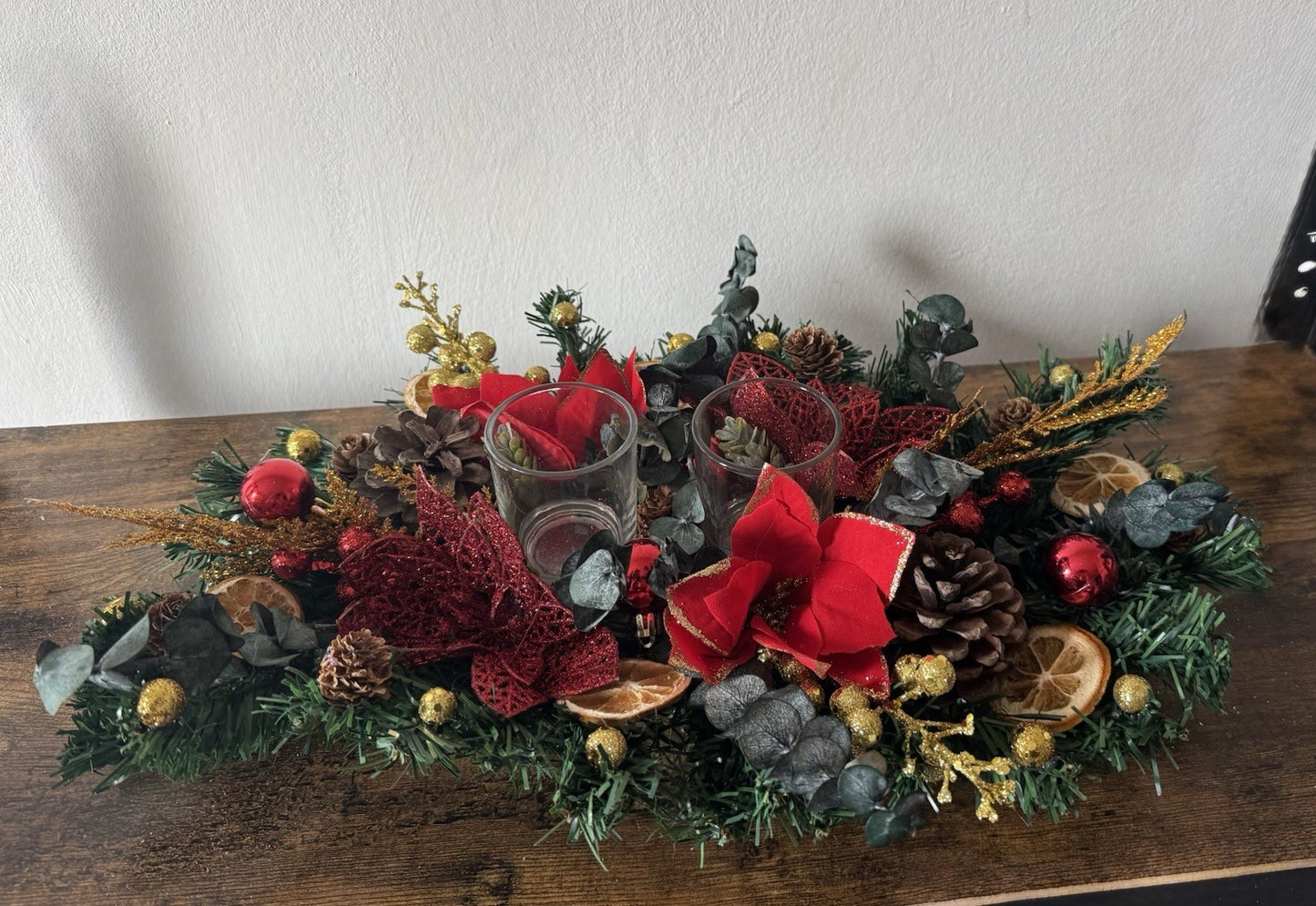 Christmas Table Centerpiece with Candle Red and Gold with Dried Eucaliyptus New