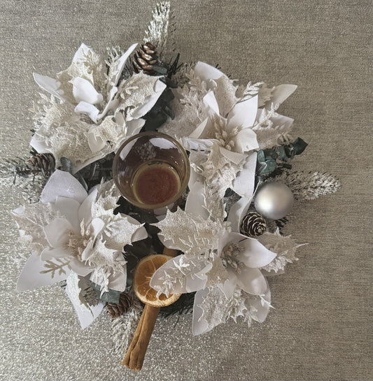 Christmas Table Centerpiece Green and White Poinsettias And Dried Eucalyptus