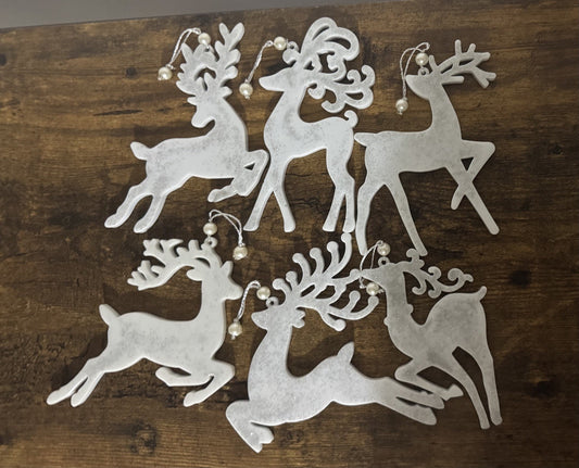 6 Reindeer Stag Christmas Tree Hanging Decorations Ornaments Silver Bows Bells