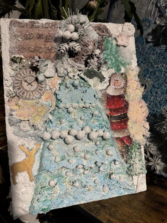 Christmas Tree and Santa Claus Canvas mixed media gift for Christmas