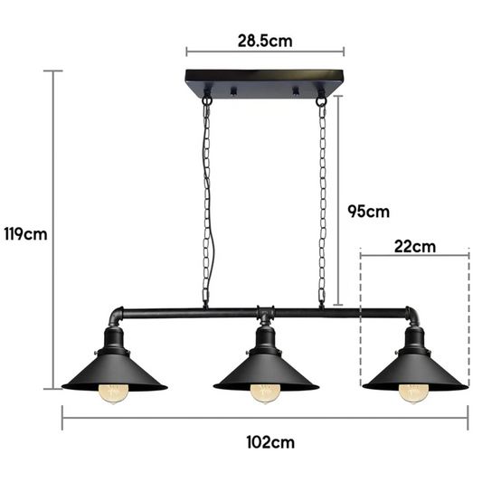 3 Way Pendant Vintage Metal Ceiling Pipe Steampunk Light ~1124-1