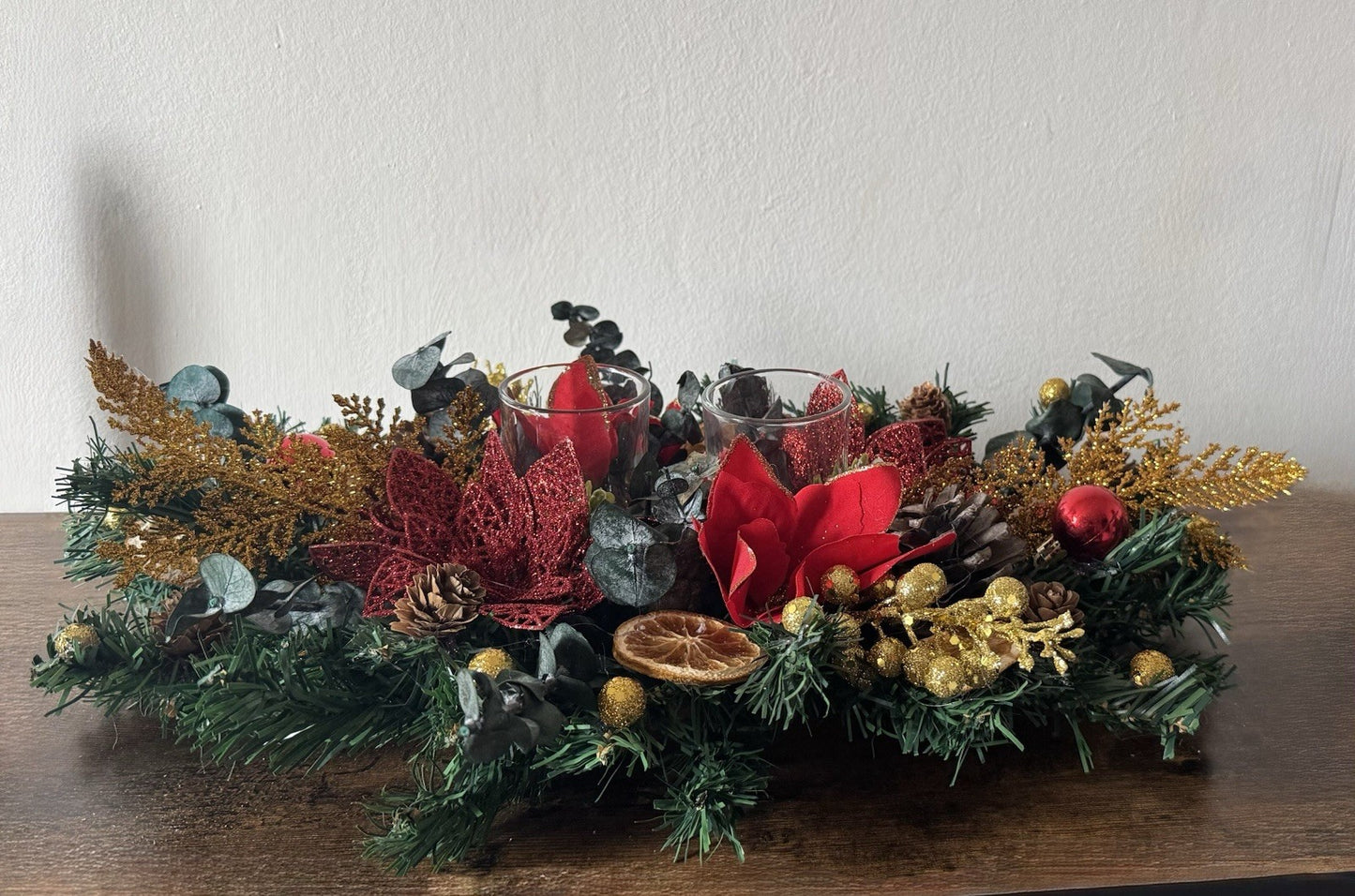 Christmas Table Centerpiece with Candle Red and Gold with Dried Eucaliyptus New