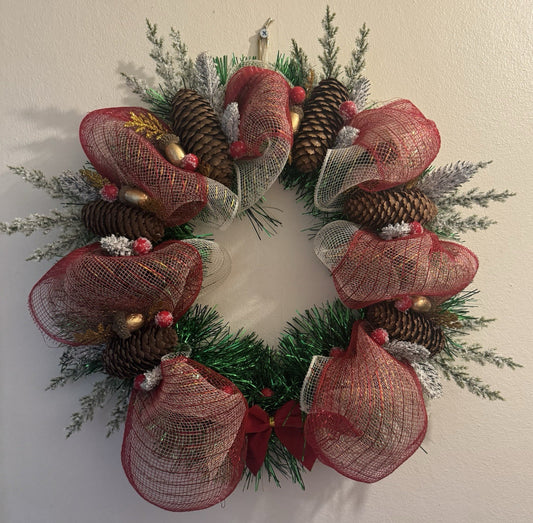 Artificial Christmas Wreath Pine Cone with Mesh and Lights for Front Door Decor