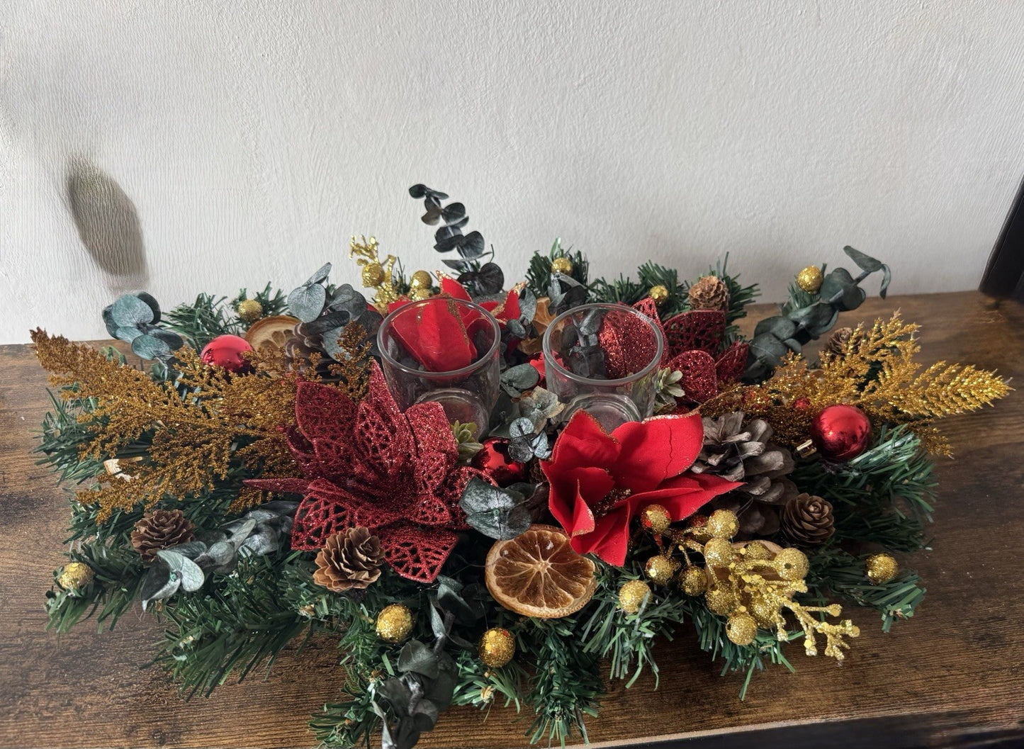 Christmas Table Centerpiece with Candle Red and Gold with Dried Eucaliyptus New