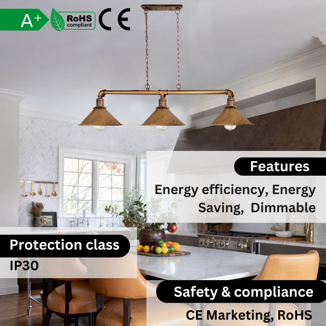 3 Way Pendant Vintage  Metal Ceiling Pipe Steampunk Light ~1124-2