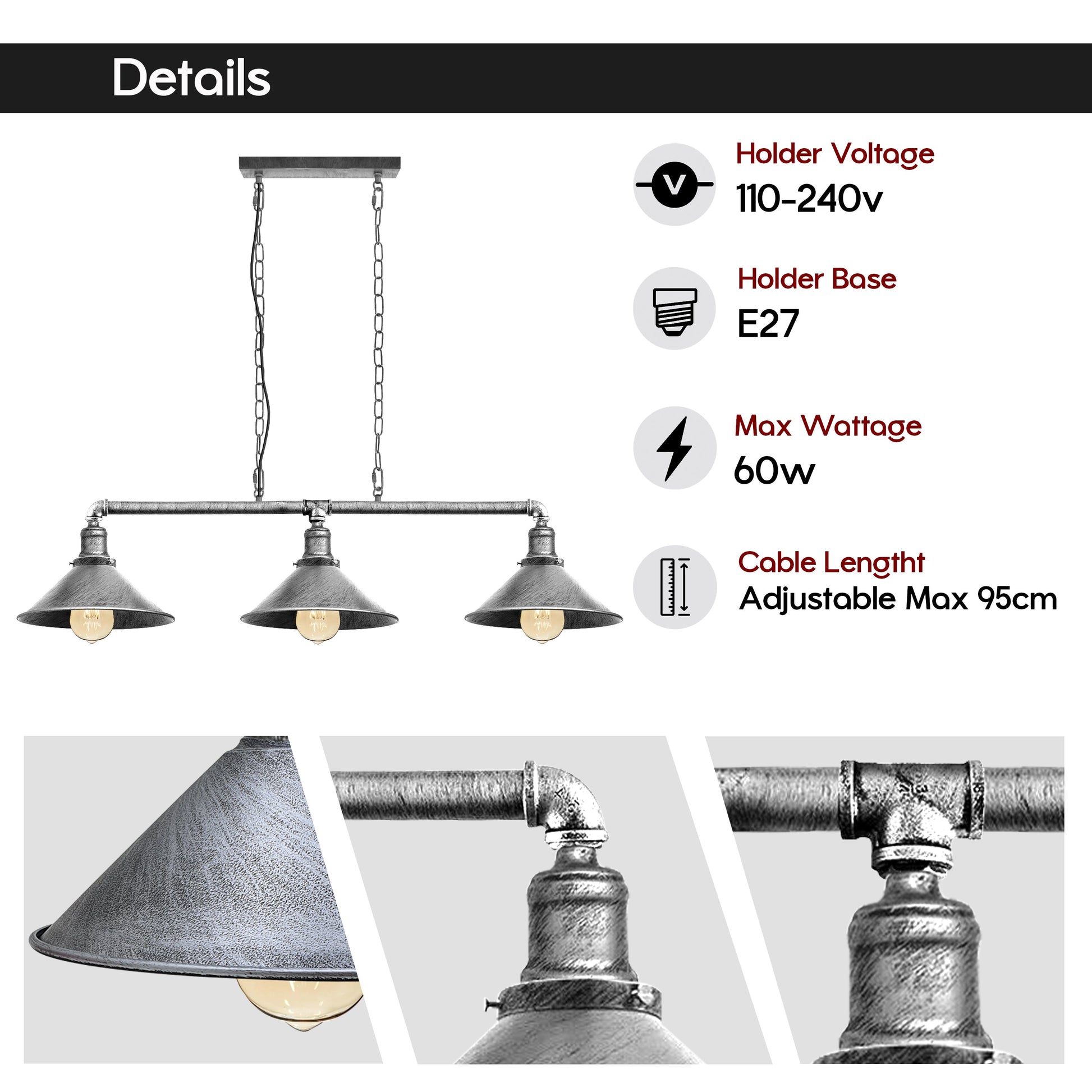 3 Way Pendant Vintage  Metal Ceiling Pipe Steampunk Light ~1124-3